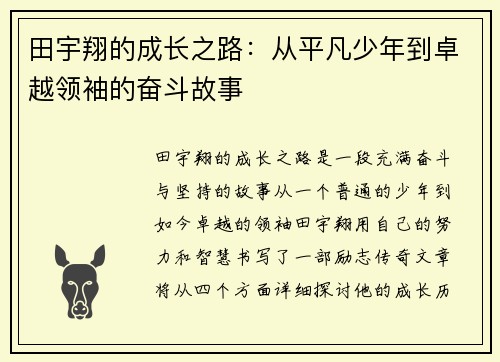 田宇翔的成长之路：从平凡少年到卓越领袖的奋斗故事